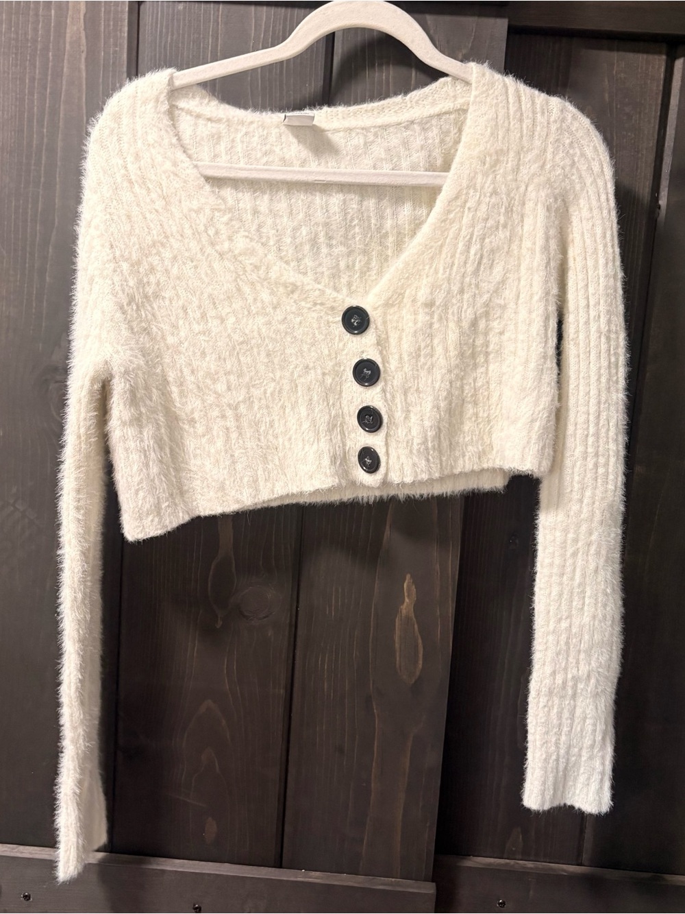 Cozy Cream Fuzzy Cropped Cardigan with Buttons urban outfitters small